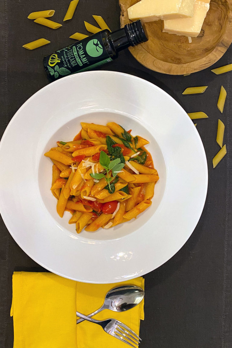 Teaser One-Pot-Pasta mit Cherry-Tomaten und Spinat