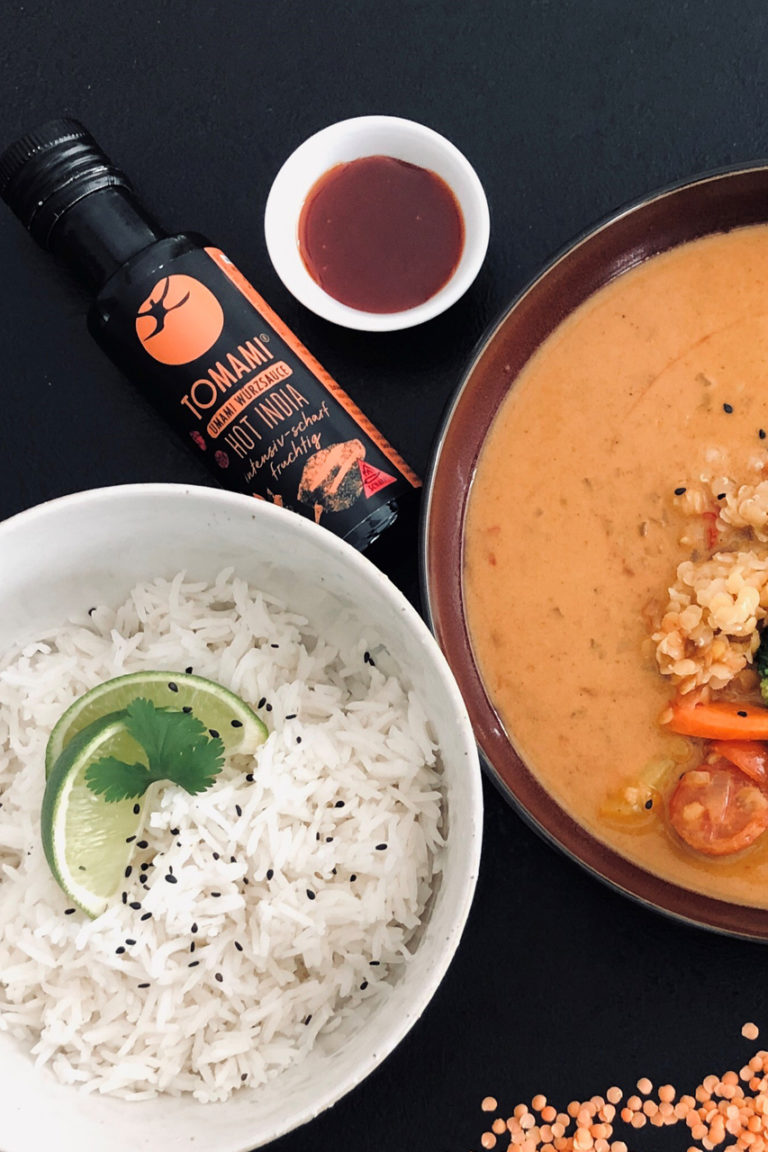 Teaser Rotes Linsencurry mit Basmati-Reis