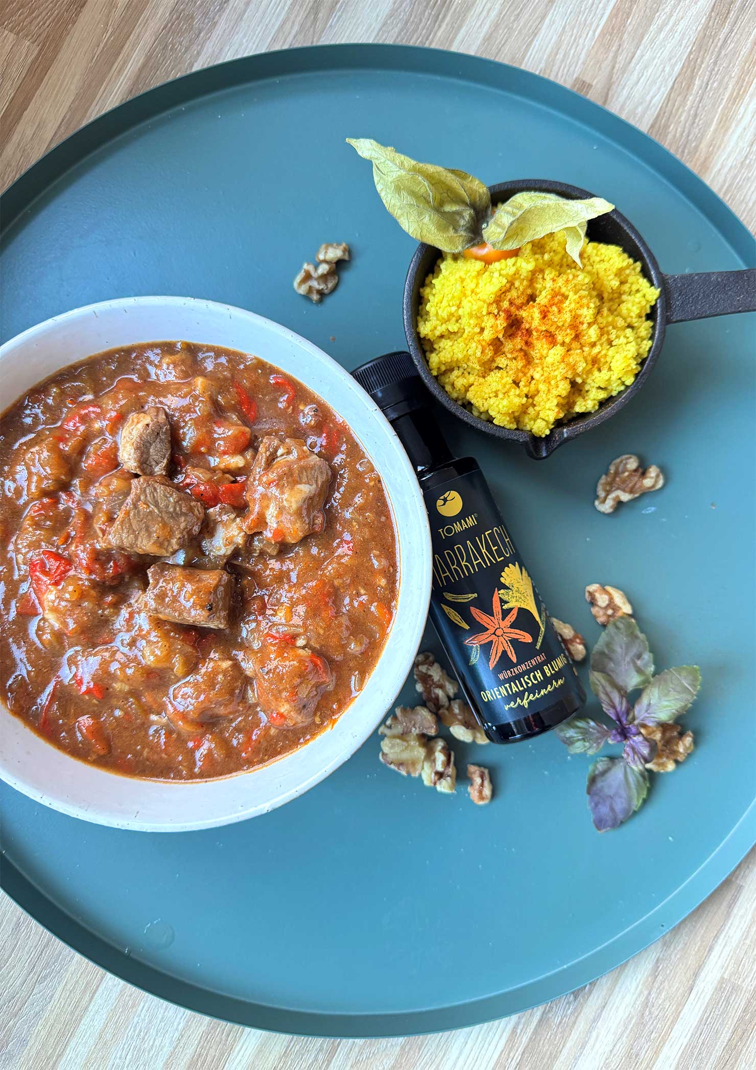 Lamb ragout with couscous and TOMAMI #1 and TOMAMI Marrakech